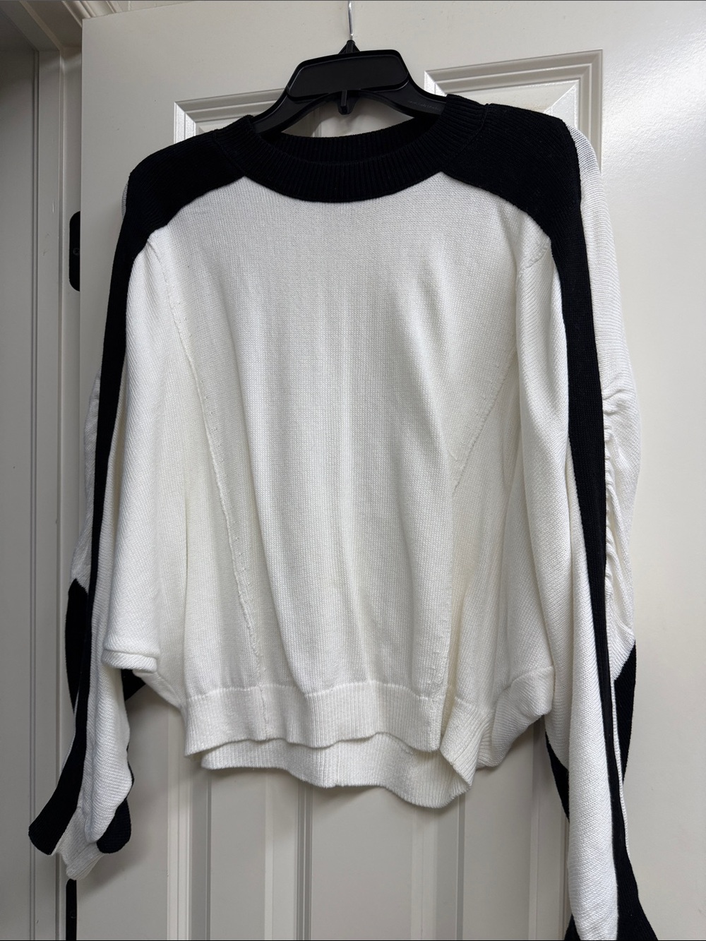 Maeve Bat Wing White Crewneck Sweater with Black Shoulder & Sleeve Accents